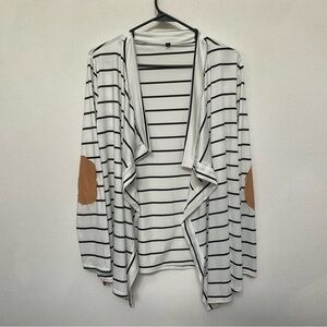 NWT PatPat White, Black Striped Open Front Waterfall Cardigan Elbow Patches XL